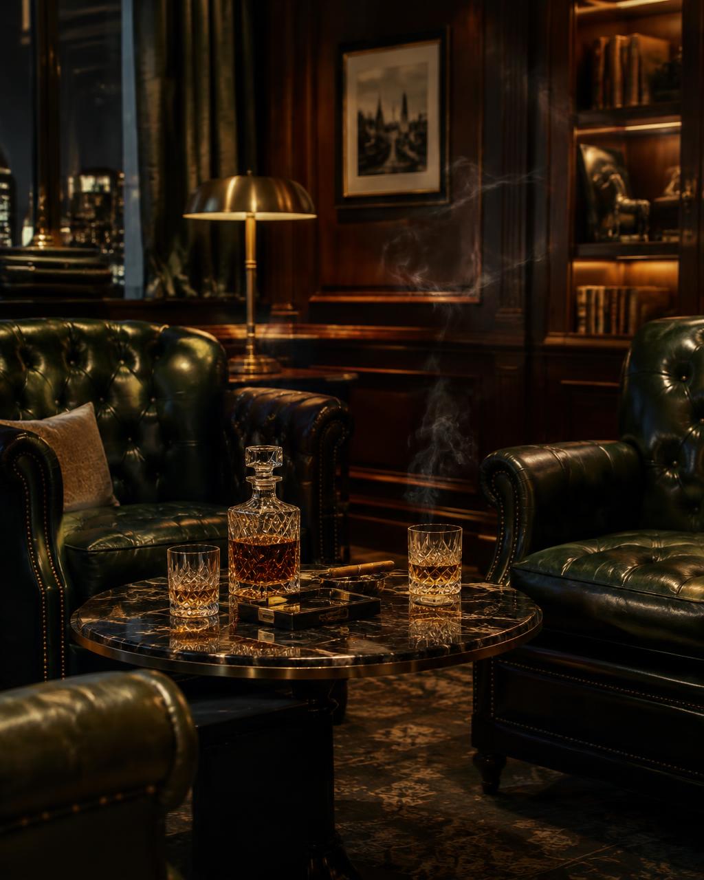 Gentlemen’s lounge with tufted leather armchairs, walnut paneling and crystal whiskey decanter