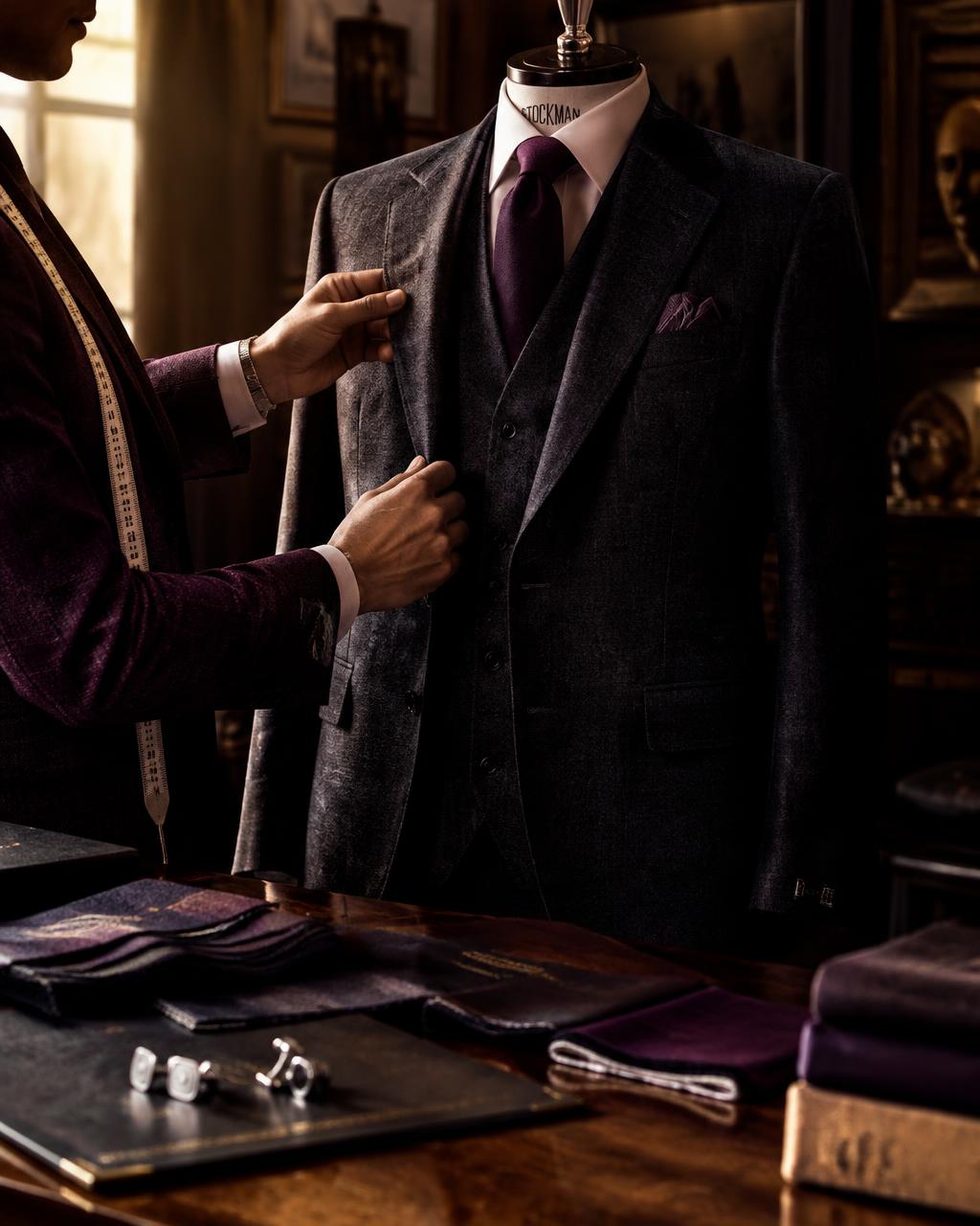 Tailor’s hands adjusting the lapel of a charcoal three-piece suit