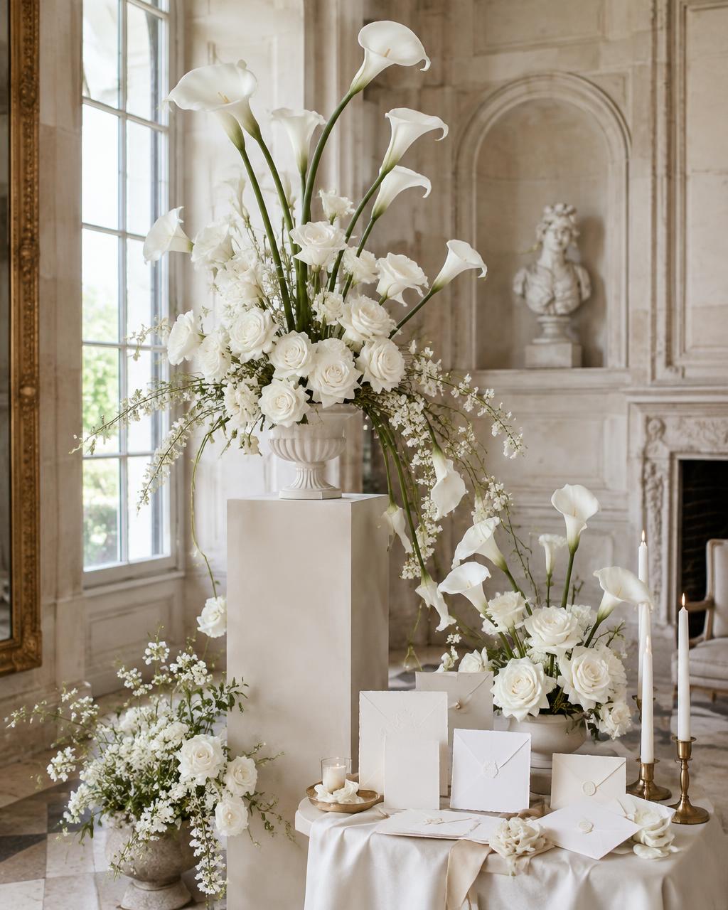 Curated white floral and wedding stationery display